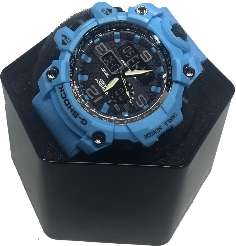 CASIO G SHOCK TRIPLE SENSOR SKY-BLUE-BLACK DIAL